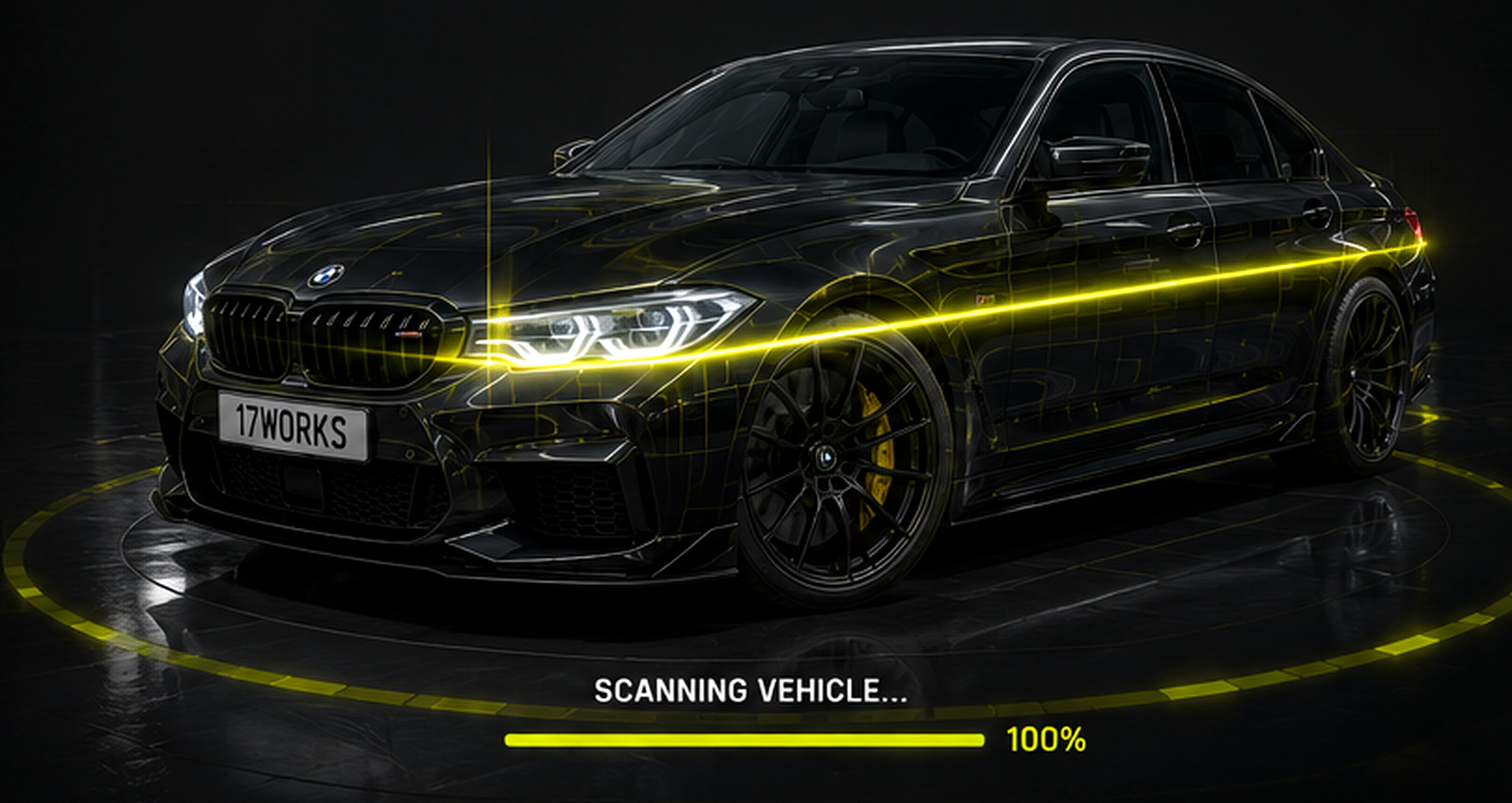 Modified BMW undergoing an animated diagnostic scan